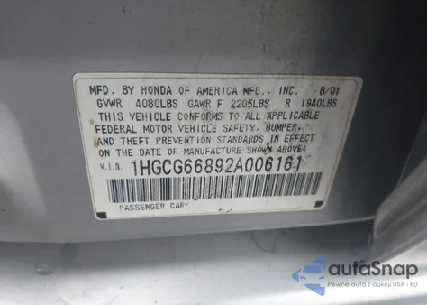 2002 Honda Accord Ex/Se z USA, uszkodzony, nr VIN 1HGCG66892A006161